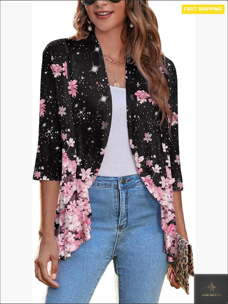Womens Open Front Cardigan 3/4 Sleeve Draped Ruffles Lightweight Spring Summer
